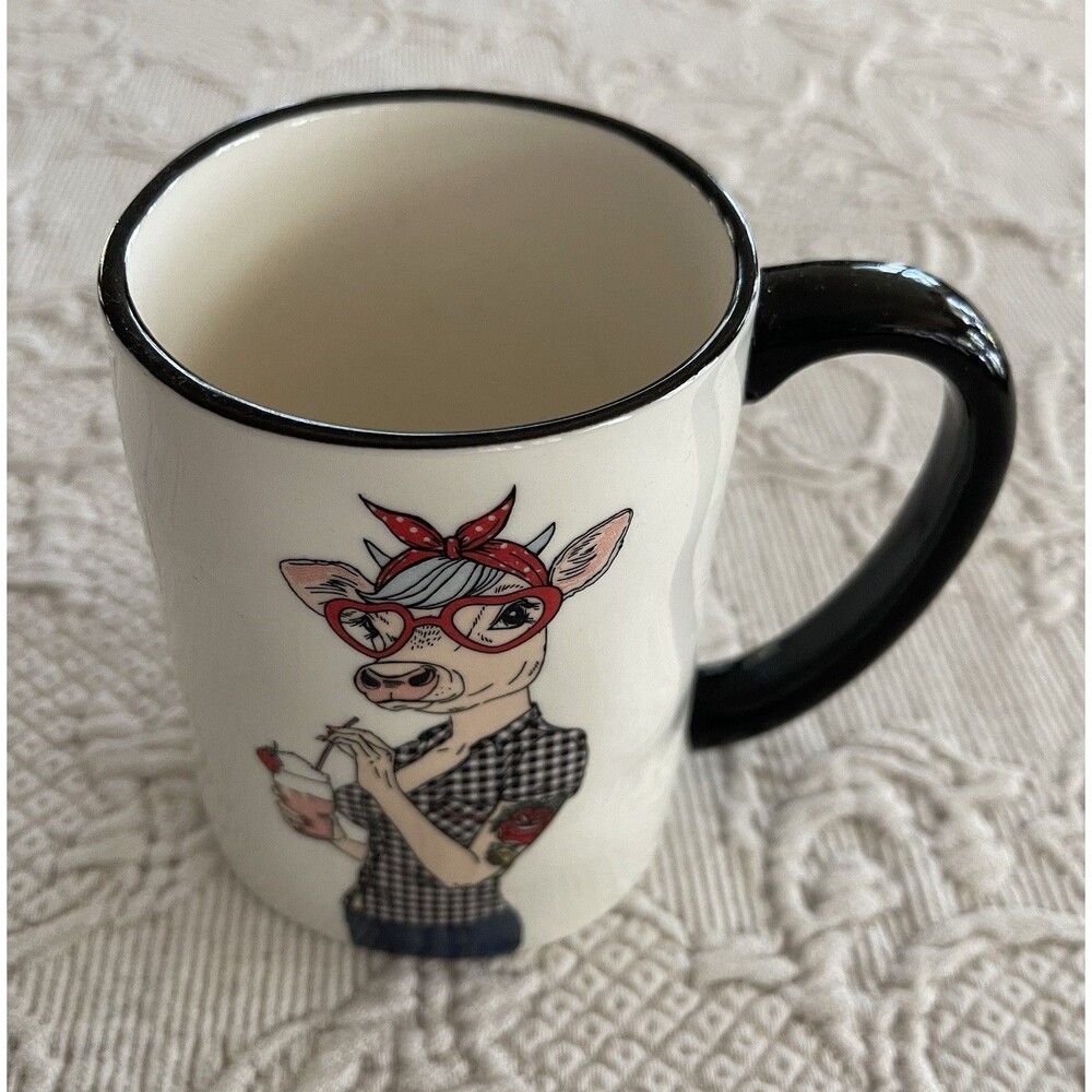 Whimsical Hipster Lady Cow Stoneware Coffee Mug Signature Housewares 16 oz